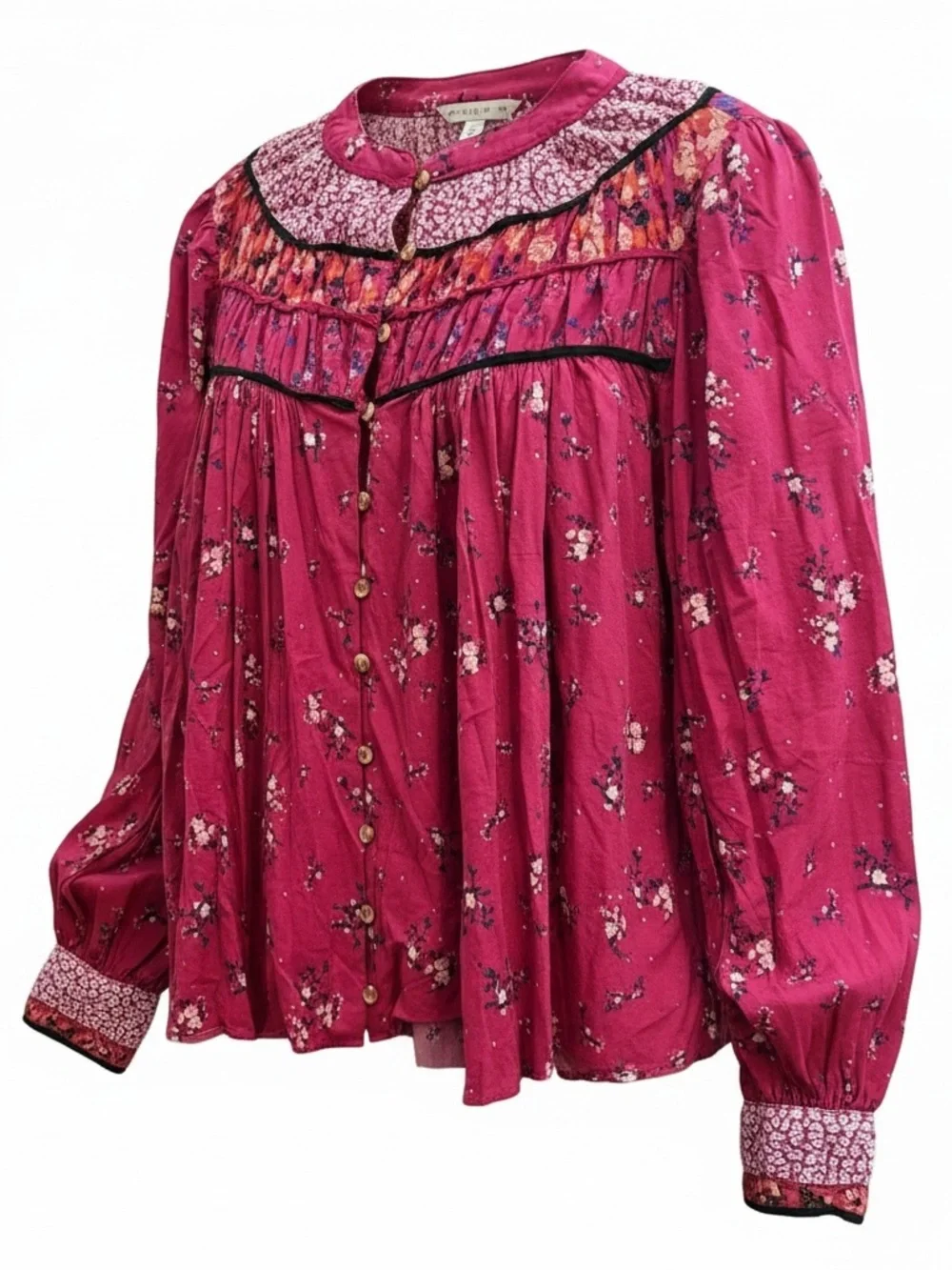 Free People Floral Smocked Yoke Blouse - Raspberry